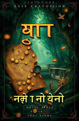 An intriguing book cover design for the title 'गुप्त खज़ाना: एक भूली हुई दास्तां' featuring an ancient treasure map, scattered gold coins, and mystical artifacts