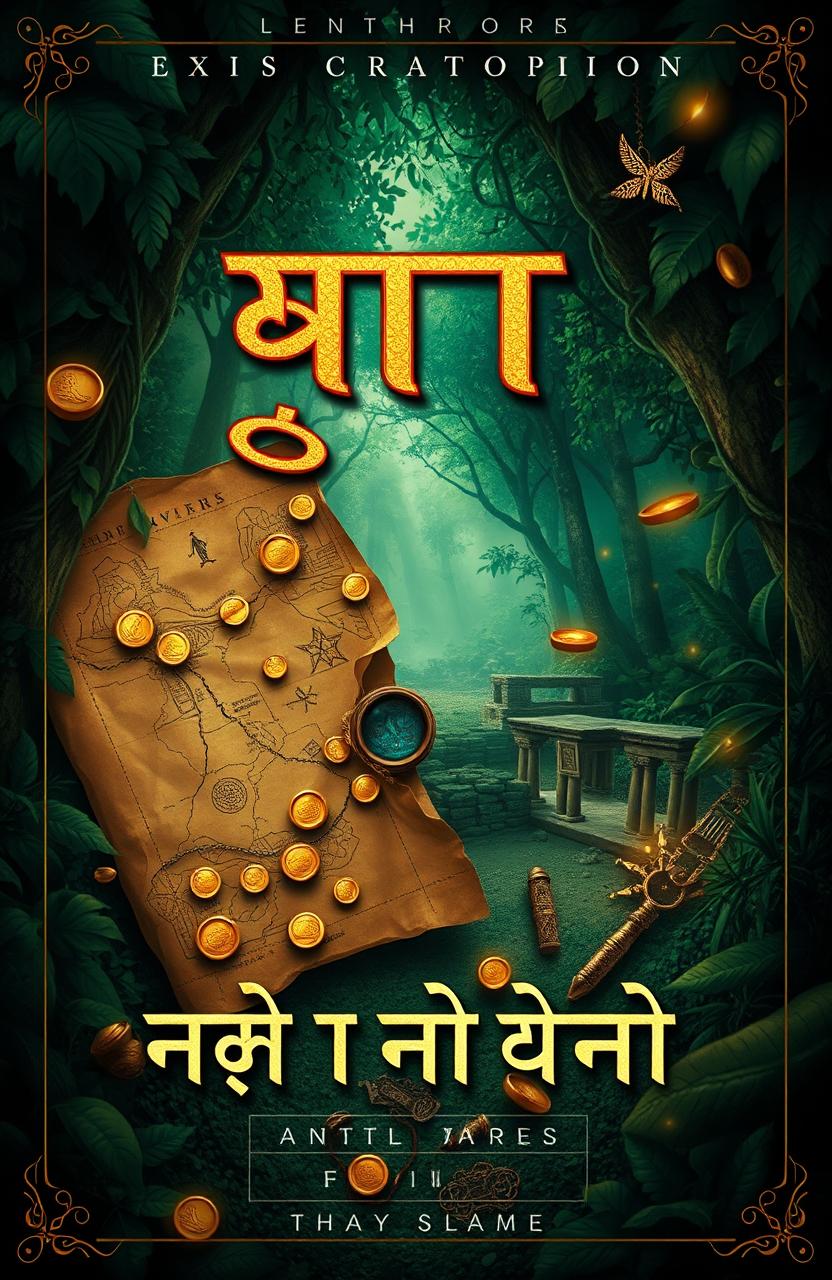 An intriguing book cover design for the title 'गुप्त खज़ाना: एक भूली हुई दास्तां' featuring an ancient treasure map, scattered gold coins, and mystical artifacts