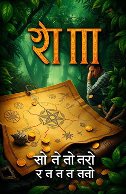 An intriguing book cover design for the title 'गुप्त खज़ाना: एक भूली हुई दास्तां' featuring an ancient treasure map, scattered gold coins, and mystical artifacts