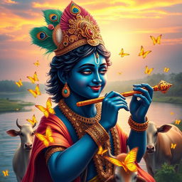 A radiant portrayal of Lord Krishna, standing gracefully by a riverbank, surrounded by lush greenery