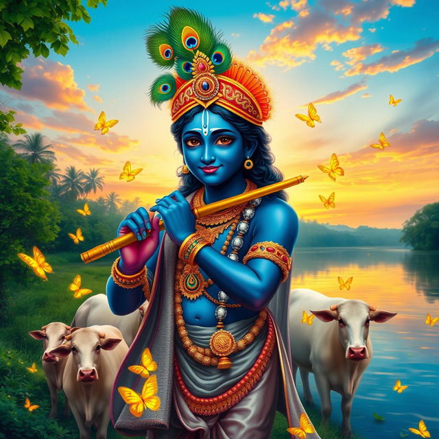 A radiant portrayal of Lord Krishna, standing gracefully by a riverbank, surrounded by lush greenery