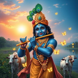 A radiant portrayal of Lord Krishna, standing gracefully by a riverbank, surrounded by lush greenery