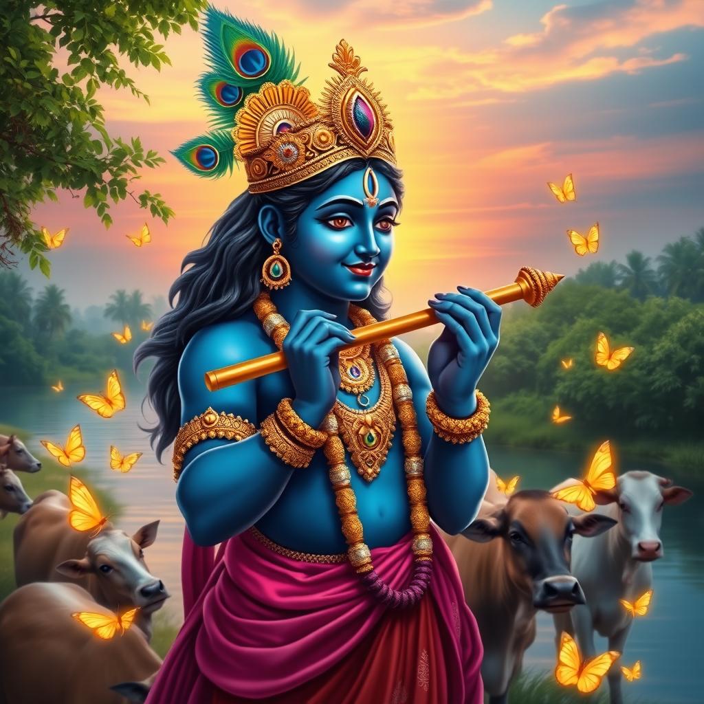 A radiant portrayal of Lord Krishna, standing gracefully by a riverbank, surrounded by lush greenery