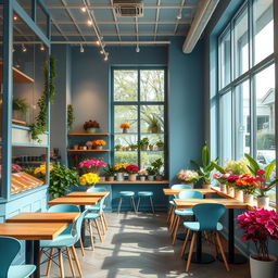 A minimalist and chic cozy blue confectionery cafe combined with a flower shop