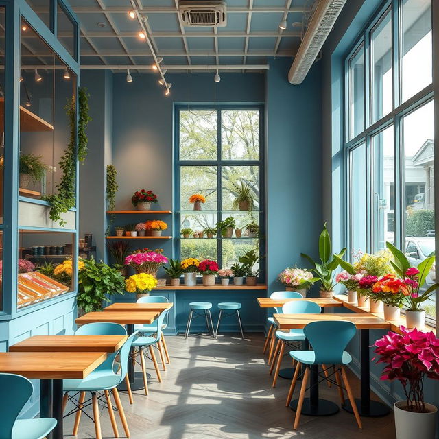 A minimalist and chic cozy blue confectionery cafe combined with a flower shop