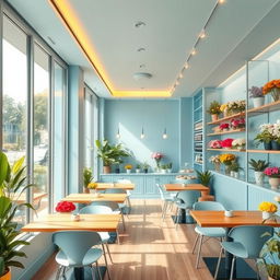 A minimalist and chic cozy blue confectionery cafe combined with a flower shop