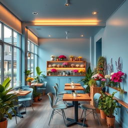 A minimalist and chic cozy blue confectionery cafe combined with a flower shop