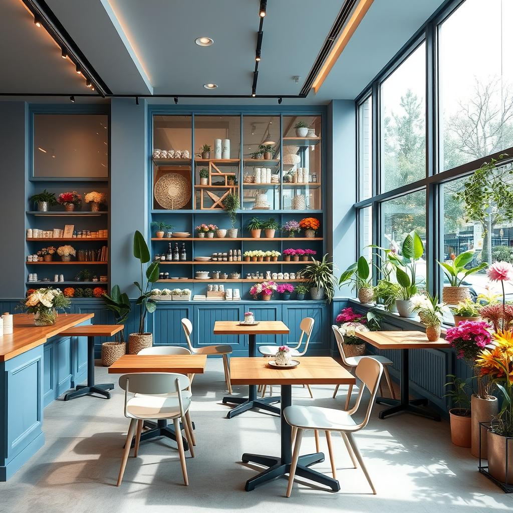 A minimalist and chic cozy blue confectionery cafe combined with a flower shop