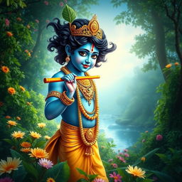 A stunning high dynamic range (HDR) image of Lord Krishna, depicted as a divine youth with blue skin, adorned in ornate golden jewelry, standing amidst a lush green forest