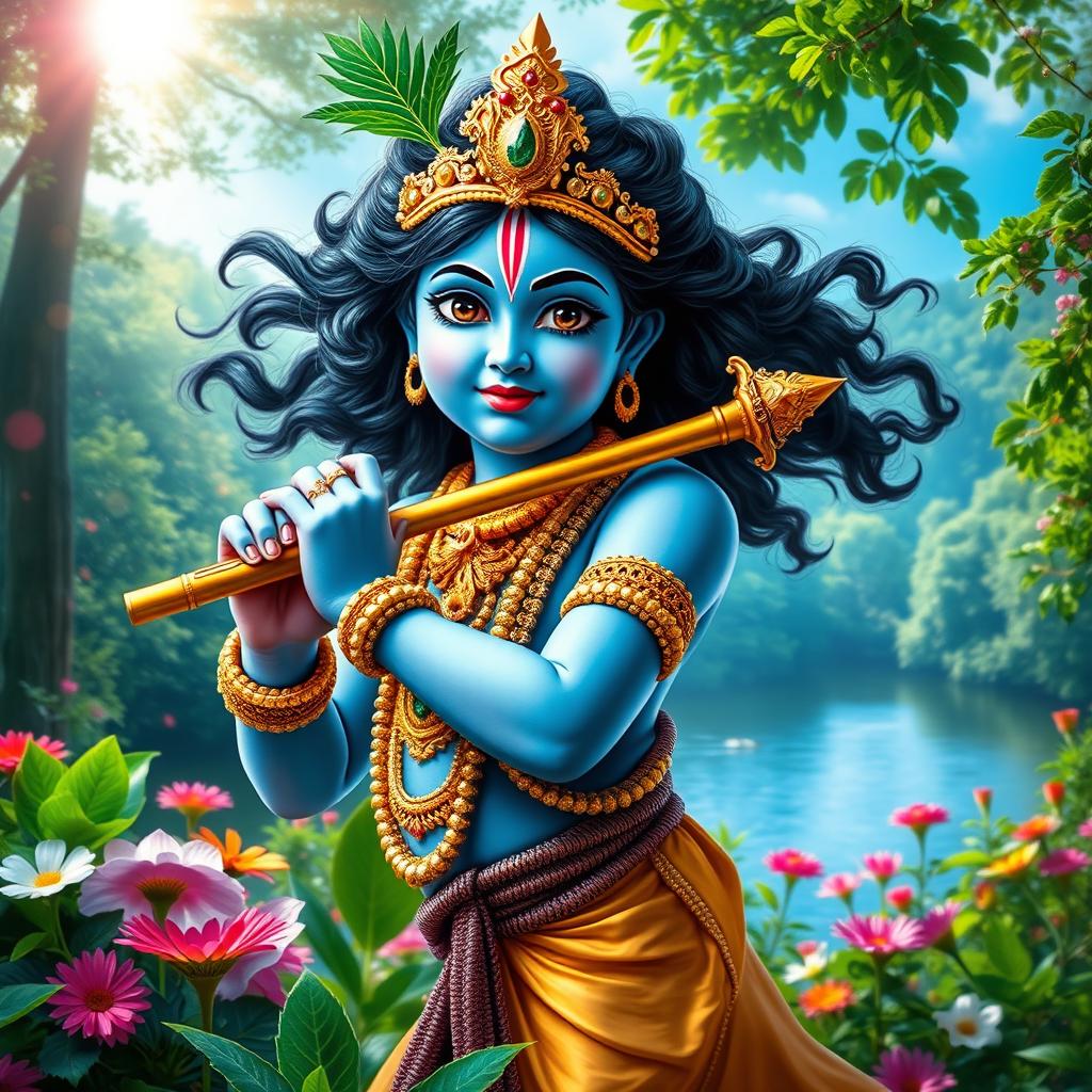 A stunning high dynamic range (HDR) image of Lord Krishna, depicted as a divine youth with blue skin, adorned in ornate golden jewelry, standing amidst a lush green forest