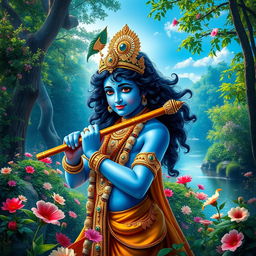 A stunning high dynamic range (HDR) image of Lord Krishna, depicted as a divine youth with blue skin, adorned in ornate golden jewelry, standing amidst a lush green forest