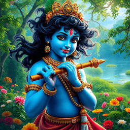 A stunning high dynamic range (HDR) image of Lord Krishna, depicted as a divine youth with blue skin, adorned in ornate golden jewelry, standing amidst a lush green forest