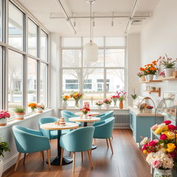 An inviting scene of a minimal and cozy confectionary cafe combined with a flower shop, featuring a modern and stylish design
