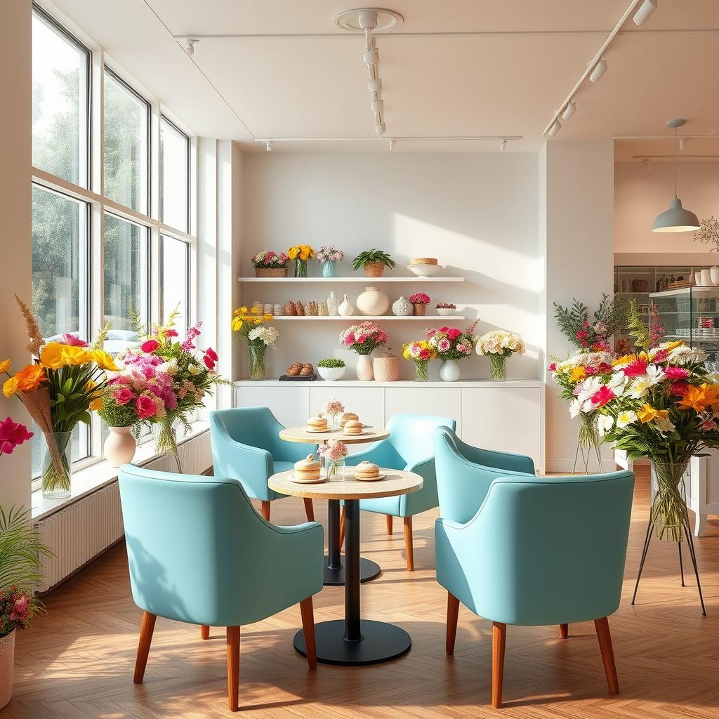 An inviting scene of a minimal and cozy confectionary cafe combined with a flower shop, featuring a modern and stylish design