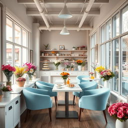 An inviting scene of a minimal and cozy confectionary cafe combined with a flower shop, featuring a modern and stylish design