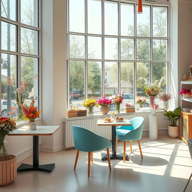 An inviting scene of a minimal and cozy confectionary cafe combined with a flower shop, featuring a modern and stylish design