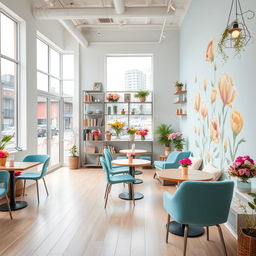 An inviting and warm scene of a minimal and cozy confectionary cafe and flower shop, featuring modern and stylish design elements