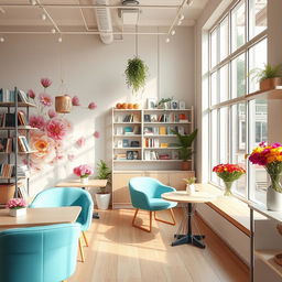 An inviting and warm scene of a minimal and cozy confectionary cafe and flower shop, featuring modern and stylish design elements