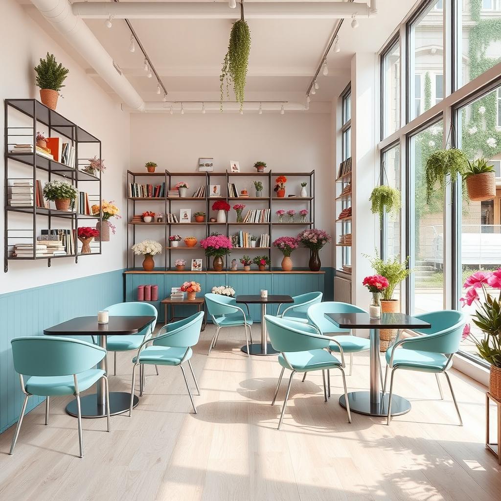 An inviting and warm scene of a minimal and cozy confectionary cafe and flower shop, featuring modern and stylish design elements