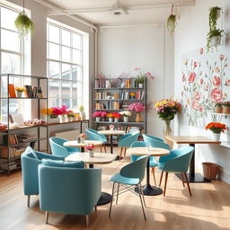 An inviting and warm scene of a minimal and cozy confectionary cafe and flower shop, featuring modern and stylish design elements