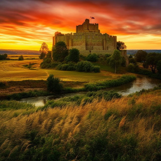 Generate a beautiful image of a medieval castle during sunset, surrounded by lush green fields, with a river flowing gracefully nearby.