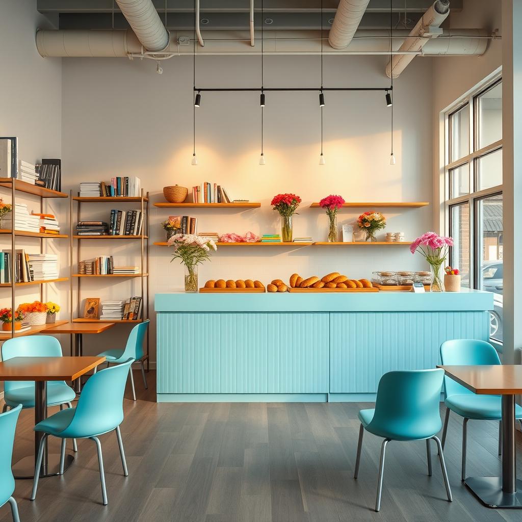 An inviting and warm scene of a minimal and cozy confectionary cafe and flower shop