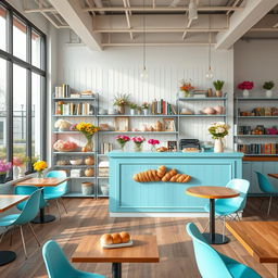 An inviting and warm scene of a minimal and cozy confectionary cafe and flower shop