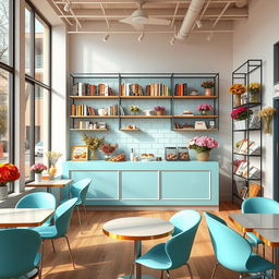 An inviting and warm scene of a minimal and cozy confectionary cafe and flower shop