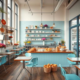 An inviting and warm scene of a minimal and cozy confectionary cafe and flower shop