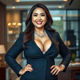 A beautiful, voluptuous woman with large breasts, dressed in a sleek business suit, exuding confidence and charisma
