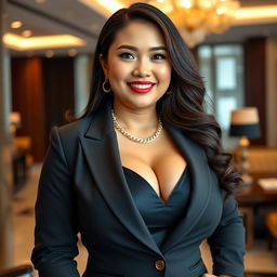 A beautiful, voluptuous woman with large breasts, dressed in a sleek business suit, exuding confidence and charisma