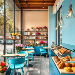 An inviting and warm scene of a cozy, stylish confectionary cafe and flower shop