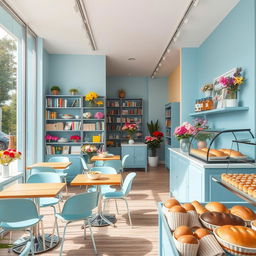 An inviting and warm scene of a cozy, stylish confectionary cafe and flower shop