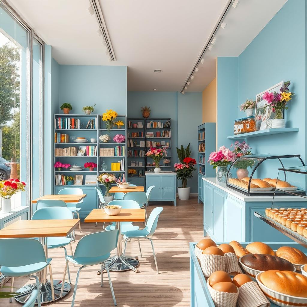 An inviting and warm scene of a cozy, stylish confectionary cafe and flower shop