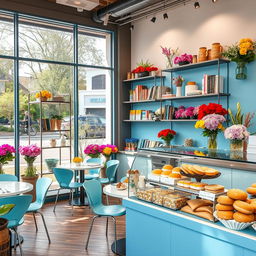 An inviting and warm scene of a cozy, stylish confectionary cafe and flower shop