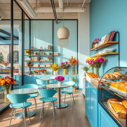 An inviting and warm scene of a cozy, stylish confectionary cafe and flower shop