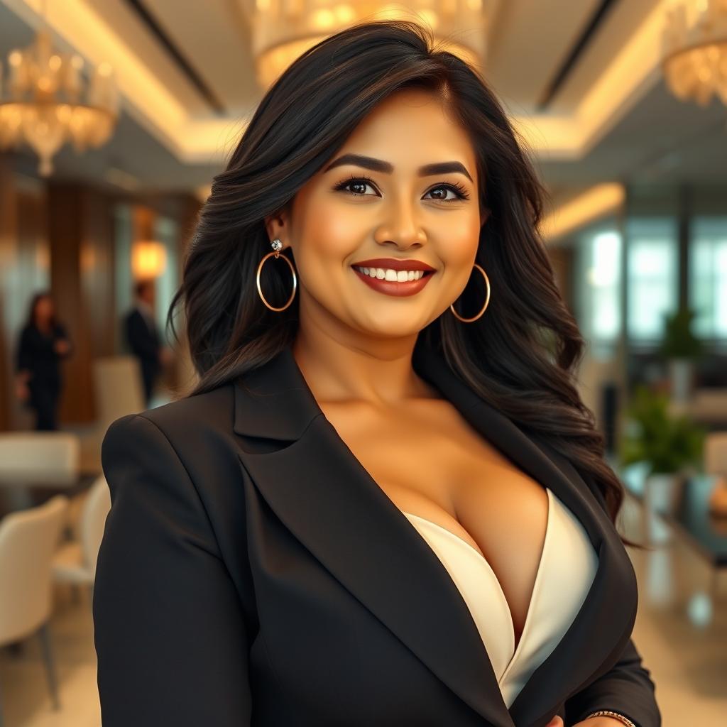 A beautiful, voluptuous woman with large breasts, elegantly dressed in a sophisticated business attire