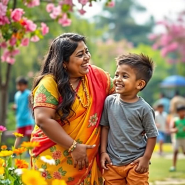 A playful scene of a chubby Indian woman cheerfully kissing a young, smiling boy on the cheek, both in a lively and colorful park setting