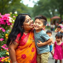A playful scene of a chubby Indian woman cheerfully kissing a young, smiling boy on the cheek, both in a lively and colorful park setting