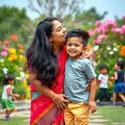 A playful scene of a chubby Indian woman cheerfully kissing a young, smiling boy on the cheek, both in a lively and colorful park setting
