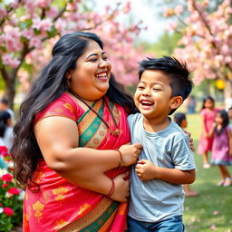 A playful scene of a chubby Indian woman cheerfully kissing a young, smiling boy on the cheek, both in a lively and colorful park setting