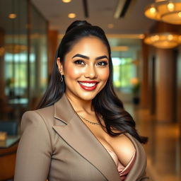 A beautiful, voluptuous 26-year-old woman with large breasts, confidently wearing an elegant business outfit