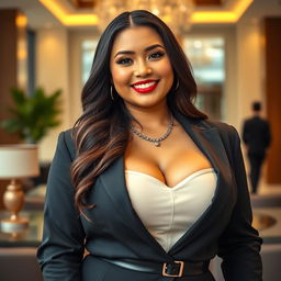 A beautiful, voluptuous 26-year-old woman with large breasts, confidently wearing an elegant business outfit
