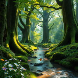 A beautiful and enchanting forest scene, featuring towering ancient trees with thick moss covering their trunks