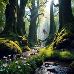A beautiful and enchanting forest scene, featuring towering ancient trees with thick moss covering their trunks