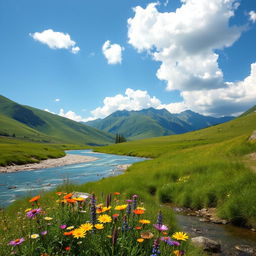 A serene landscape showcasing natural beauty, featuring lush green hills, a clear blue sky, fluffy white clouds, and a gentle flowing river