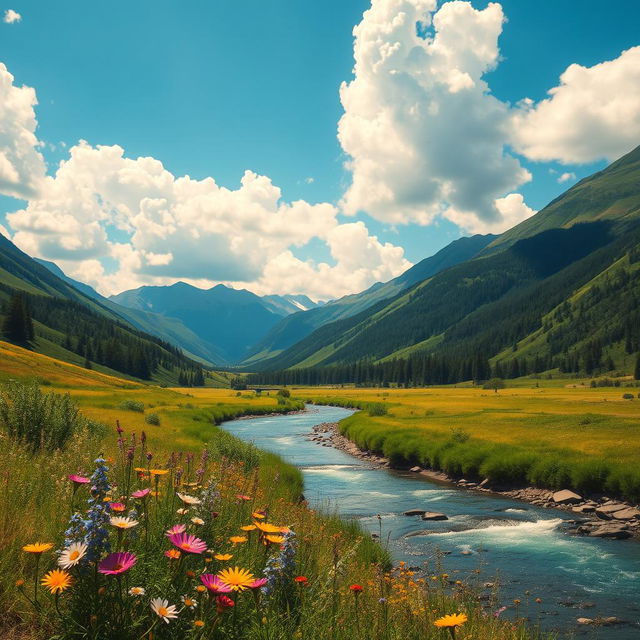 A serene landscape showcasing natural beauty, featuring lush green hills, a clear blue sky, fluffy white clouds, and a gentle flowing river