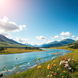 A serene landscape showcasing natural beauty, featuring lush green hills, a clear blue sky, fluffy white clouds, and a gentle flowing river