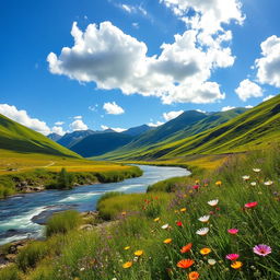 A serene landscape showcasing natural beauty, featuring lush green hills, a clear blue sky, fluffy white clouds, and a gentle flowing river