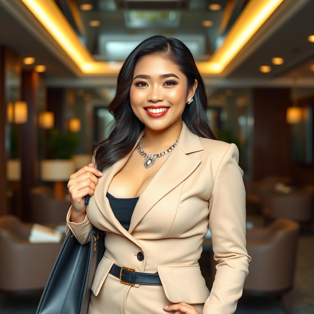 A stunning, voluptuous 26-year-old woman with large breasts, confidently dressed in an elegant business outfit